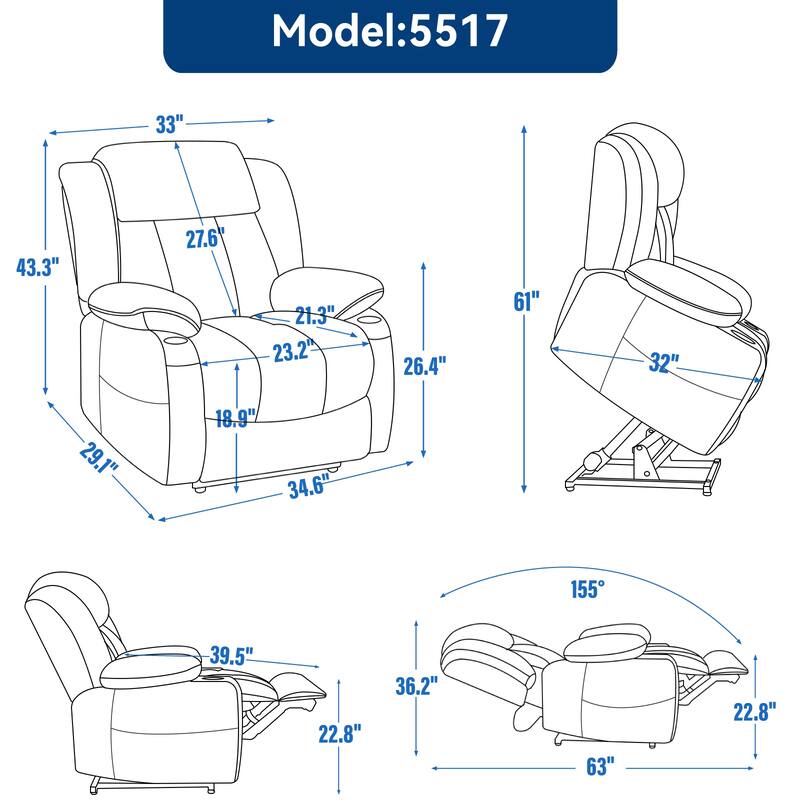 Chenille Power Lift Recliner 8 Point Vibration Massage Chair with Waist Heating, USB Ports and Stainless Steel Cup Holder