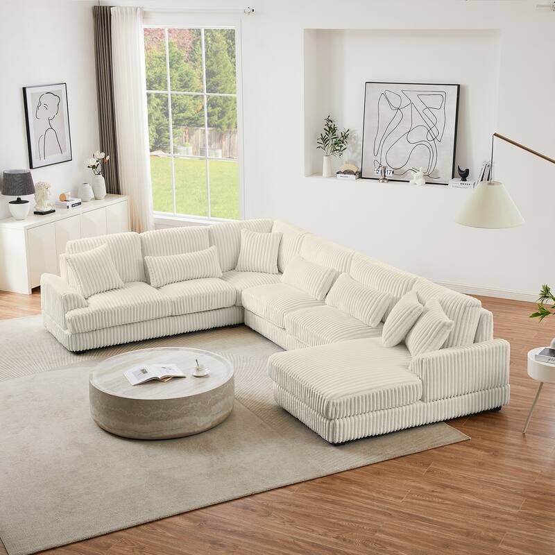 U-Shaped Sectional Sofa with Chaise Lounge, Oversized Corduroy Upholstered Sofa, 5 Seater Sofa with Removable Throw Pillows