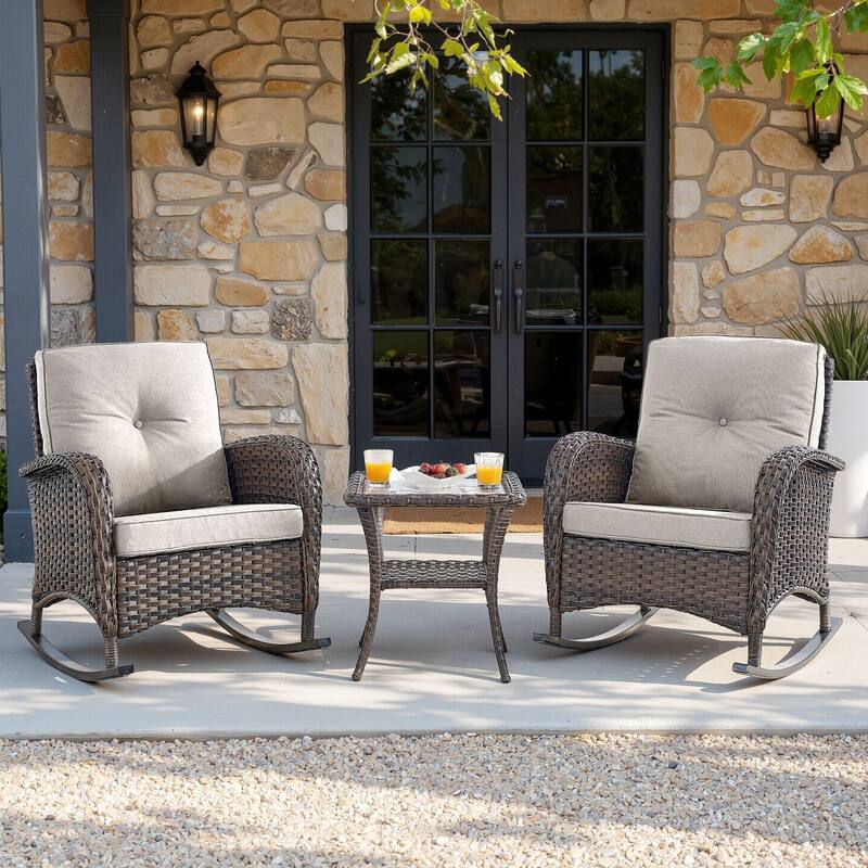 PlainCurve 3-Piece Wicker Outdoor Patio Conversation Set with Rocking Chairs and Olefin Cushions - Beige Cushions - Brown Wicker