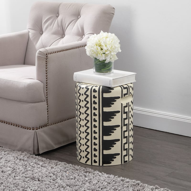 Zakhai 18" MidCentury Modern Geometric Drum Garden Stool, Cream/Black, by JONATHAN Y