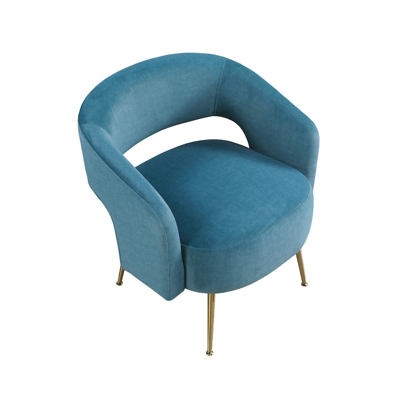 Noel Accent Chair, Curved Open Back, Teal Blue Velvet, Gold Metal Legs