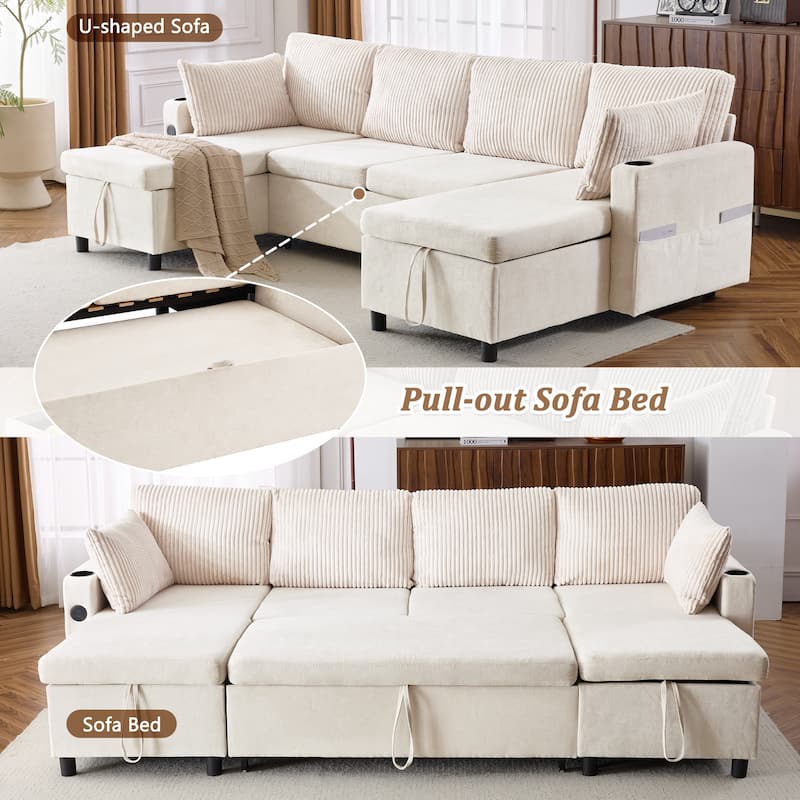 111.8" Chenille Sectional Sleeper Sofa U-Shaped Convertible Sofa Bed with Storage Chaise and USB Ports