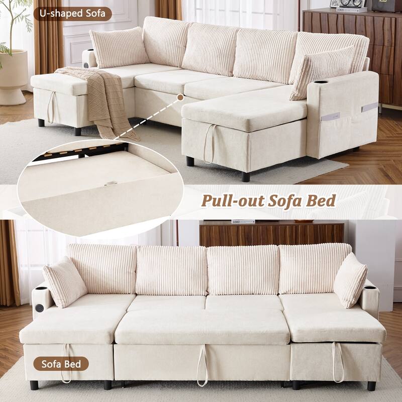 Roomfitters 113 Inch U-Shaped Sectional Sleeper Sofa with Storage Chaise and USB Ports, Chenille - Beige