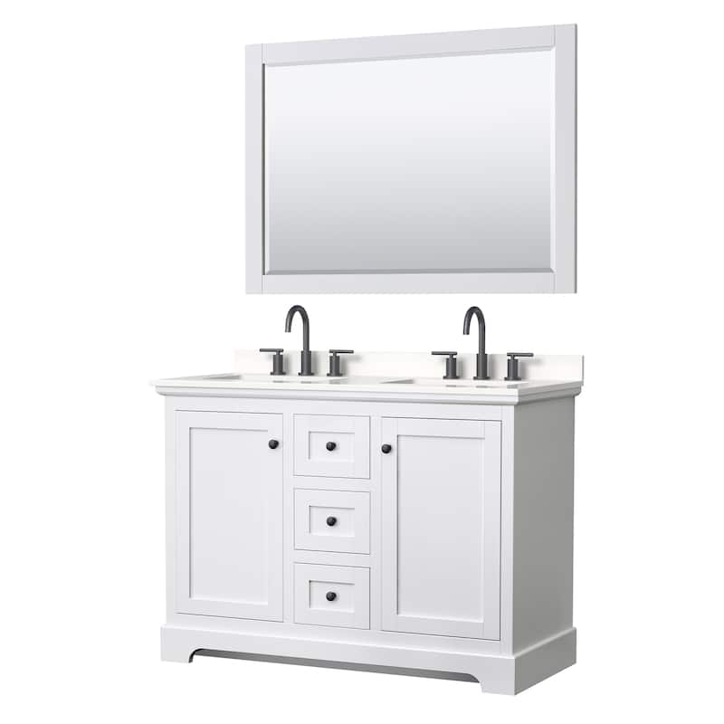 Avery 48-inch Double Vanity, Quartz Top, 46-inch Mirror - White, Black Trim, White Quartz Top