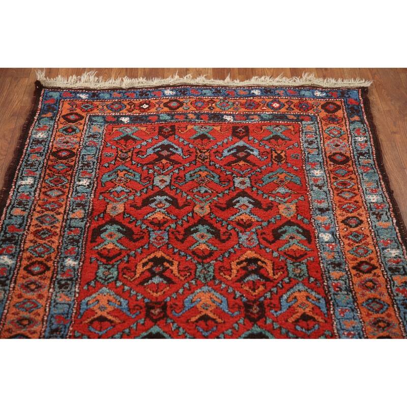 Hand Knotted Oriental 100% Wool Carpet Traditional All-Over Red Heriz Runner Rug - 13' 10'' X 3' 4''