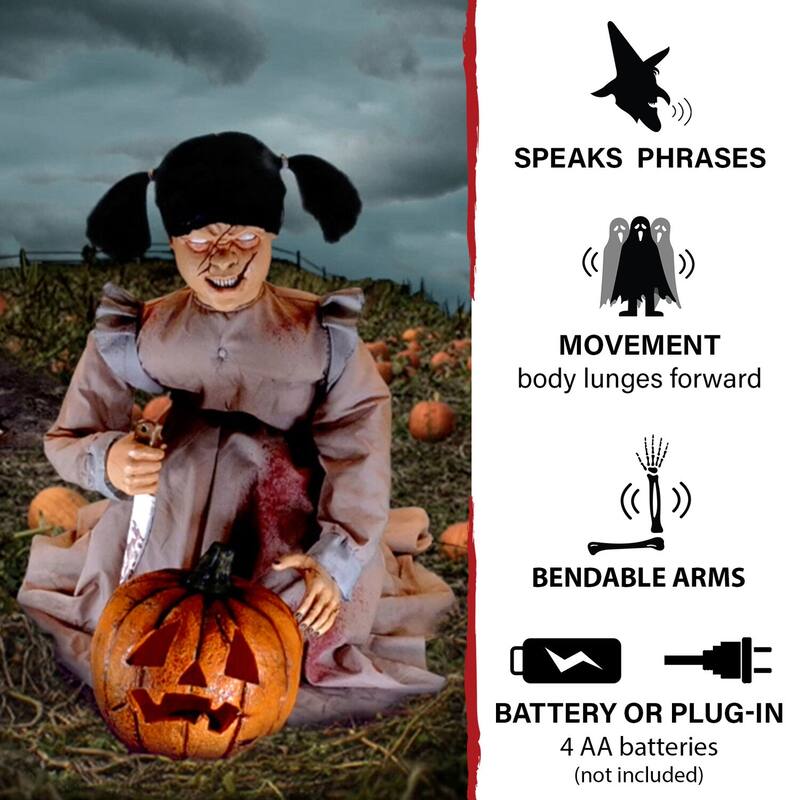 Haunted Hill Farm Lunging Pumpkin Carver Zombie Girl with Jack O'Lantern by Tekky, Premium Talking Halloween Animatronic
