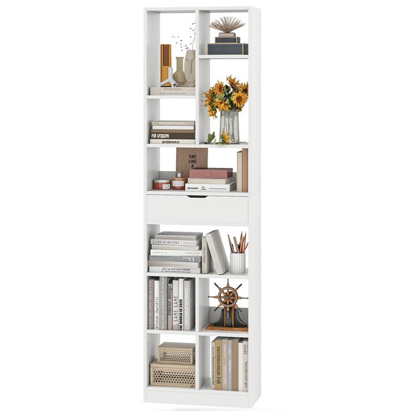7 Tier White Engineered Wood 10-Cube Bookcase with Drawer and Anti-Tip Safety - 19.5" x 9.5" x 71"