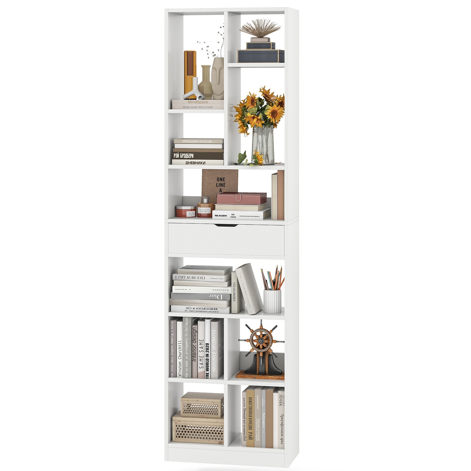 Gymax 71'' Tall Bookcase w/ Drawer Modern Bookshelf w/ 10 Open Cubes
