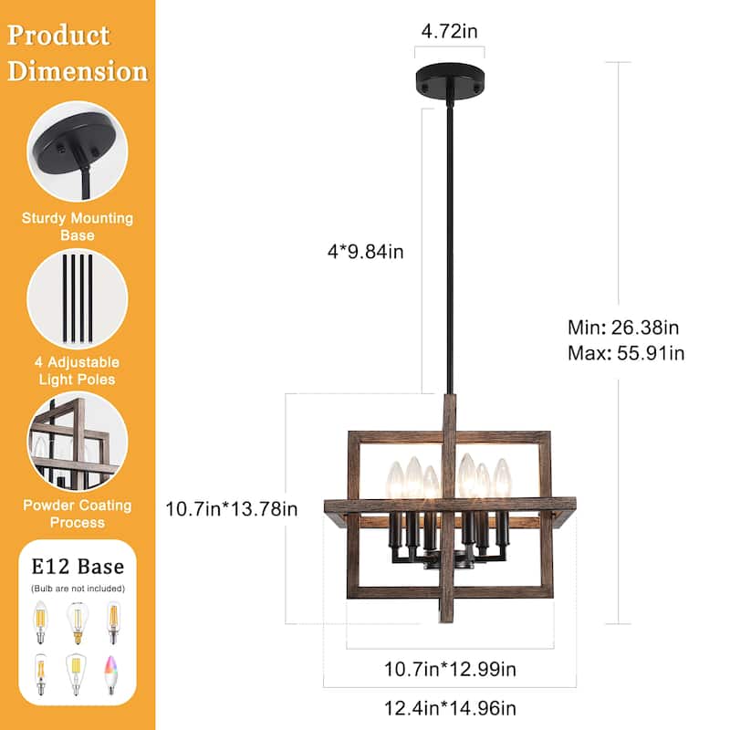 12.99" Wide 6-Light Semi Flush Mount Chandelier, Industrial Style Square Open Frame Pendant Light for Living Room