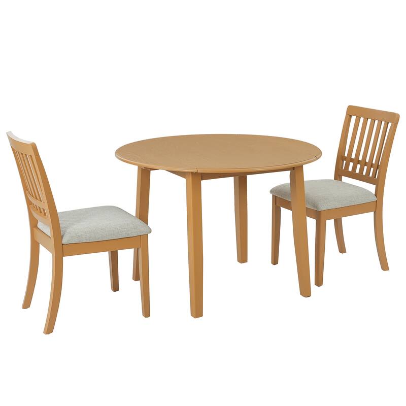 3-Piece Round Dining Table Set for 2 People, 1 Folding Wood Dining Table + 2 Upholstered Chairs, for Small Apartments