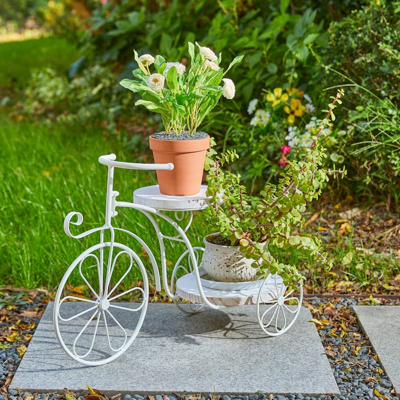 Glitzhome 24"L Spring Metal Tricycle Planter Stands Flower Pot Cart with Wood Trays