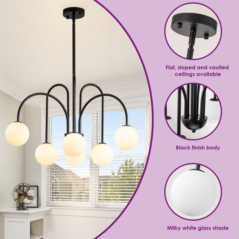 6-Light Modern Linear Sputnik Branch Frosted Glass Globe Chandelier for Dining Room