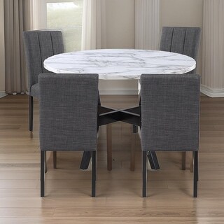 5 Piece Dining Table and Chairs Set, Black Wood, Fabric, Faux Stone Top ...