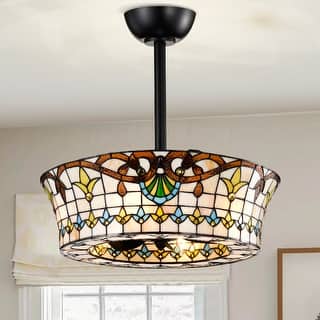Fleur Carousel Ivory and Amber Tiffany Glass Lighted Ceiling Fan w Remote