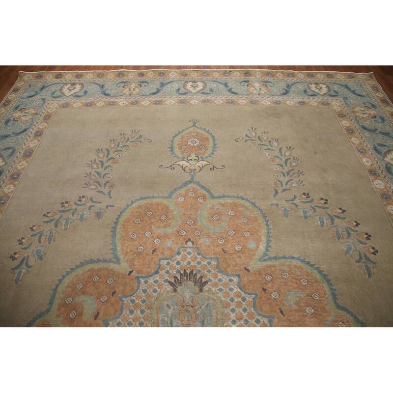 Hand Knotted Oriental 100% Wool Carpet Traditional Medallion Beige & Ivories Tabriz Area Rug - 12' 9'' X 9' 7''