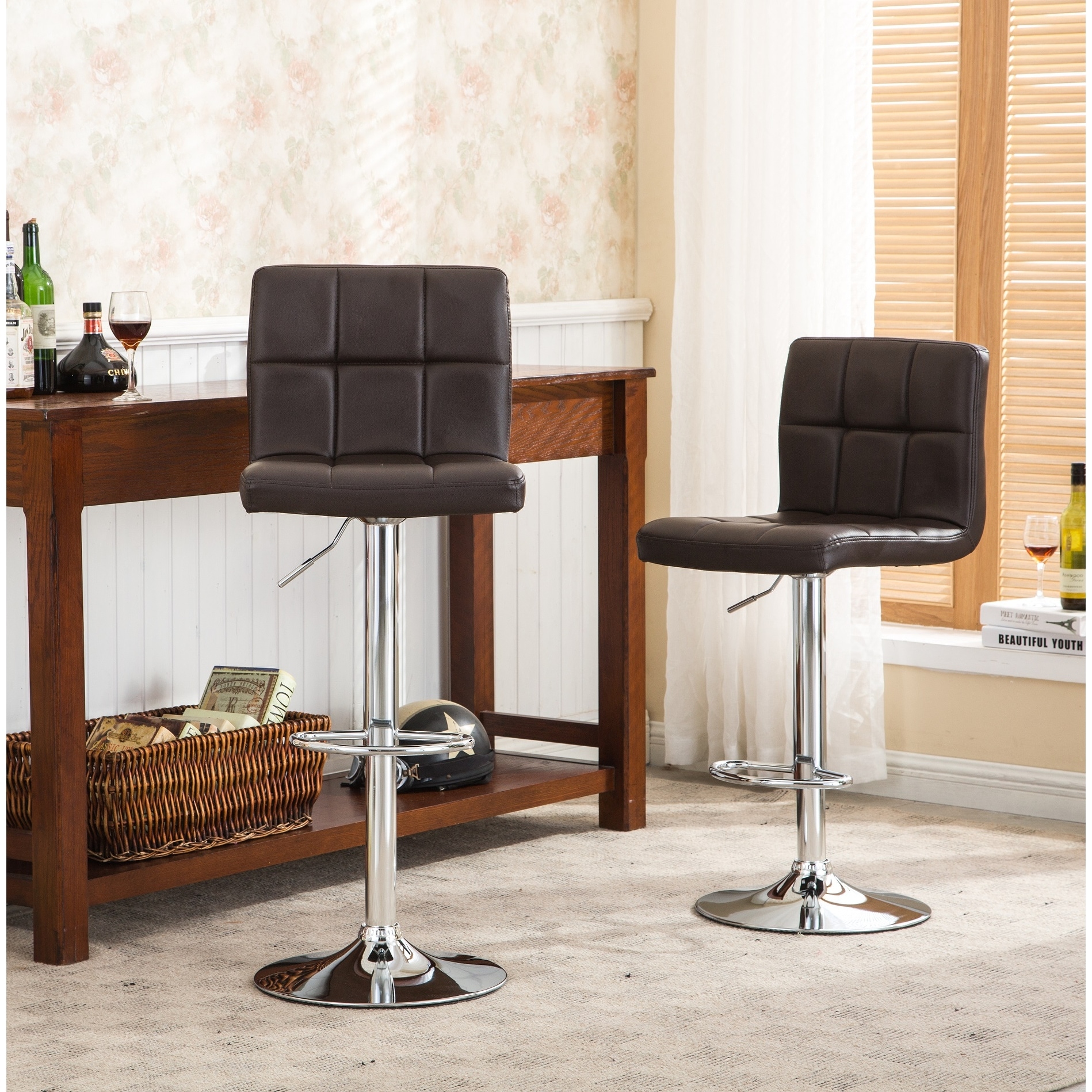 Swivel Faux Leather Adjustable Hydraulic Bar Stool, Set of 2