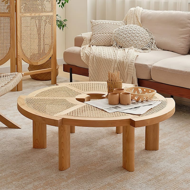 Modern Round Wood Accent Table with Woven Edges - 7'6" x 10'9"