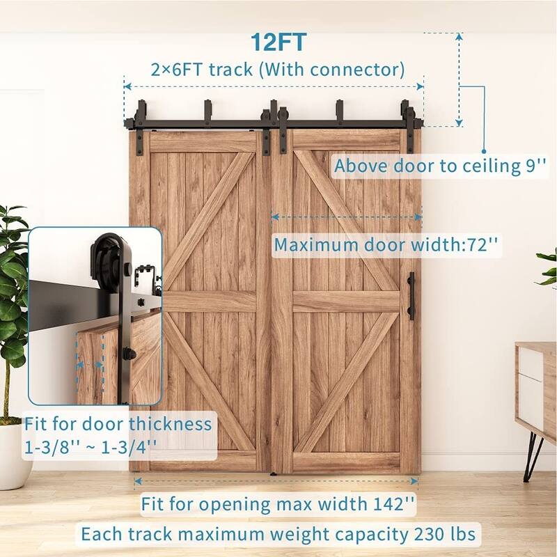 WINSOON 5-16FT Bypass Sliding Barn Door Hardware Kit for Double Doors J Shape Hangers