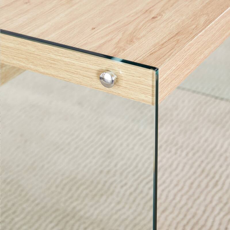 Roomfitters Modern Coffee Table with MDF Top and Dual Tempered Glass Panels for Elegant and Sturdy Living Room Use, Wood
