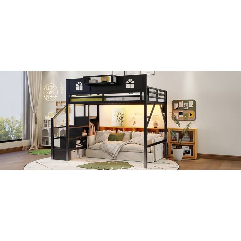 Roomfitters Full/Queen Metal Loft Platform Bed, Staircase Wardrobe and LED Charging Station with House Guardrails for Bedrooms