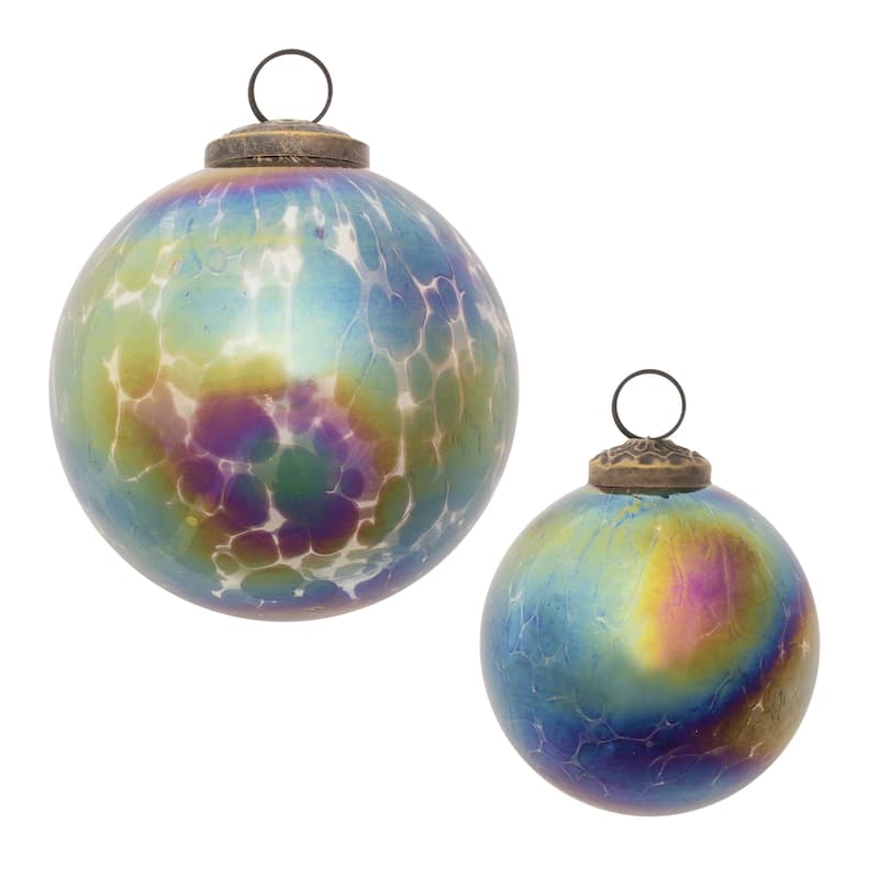 Glass Iridescent Ball Ornaments Set of 12with Brass Caps - 3.5” x 3.5” x 4” (L x W x H) - Blue/Purple