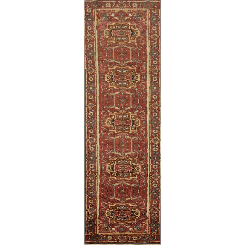 Hand Knotted Oriental 100% Wool Carpet Traditional Geometric Oranges & Rust Heriz (serapi) Runner Rug - 10' 0'' X 2' 6''