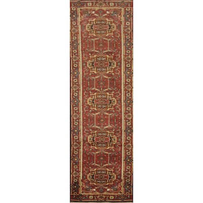 Hand Knotted Oriental 100% Wool Carpet Traditional Geometric Oranges & Rust Heriz (serapi) Runner Rug - 10' 0'' X 2' 6''