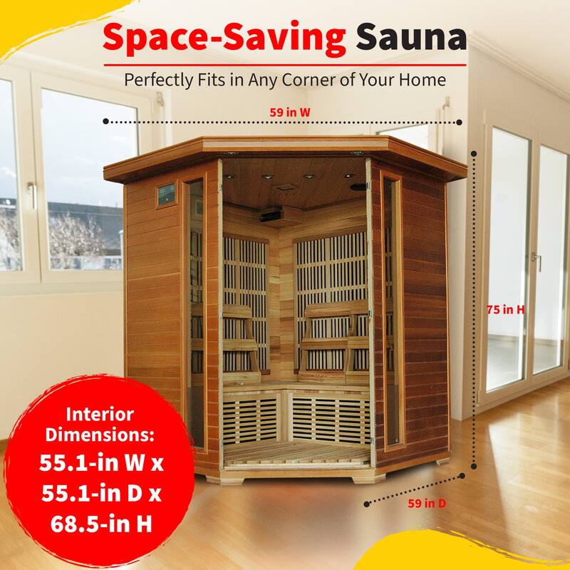 HeatWave Whistler 4-Person Cedar Corner Infrared Sauna with 10 Carbon Heaters