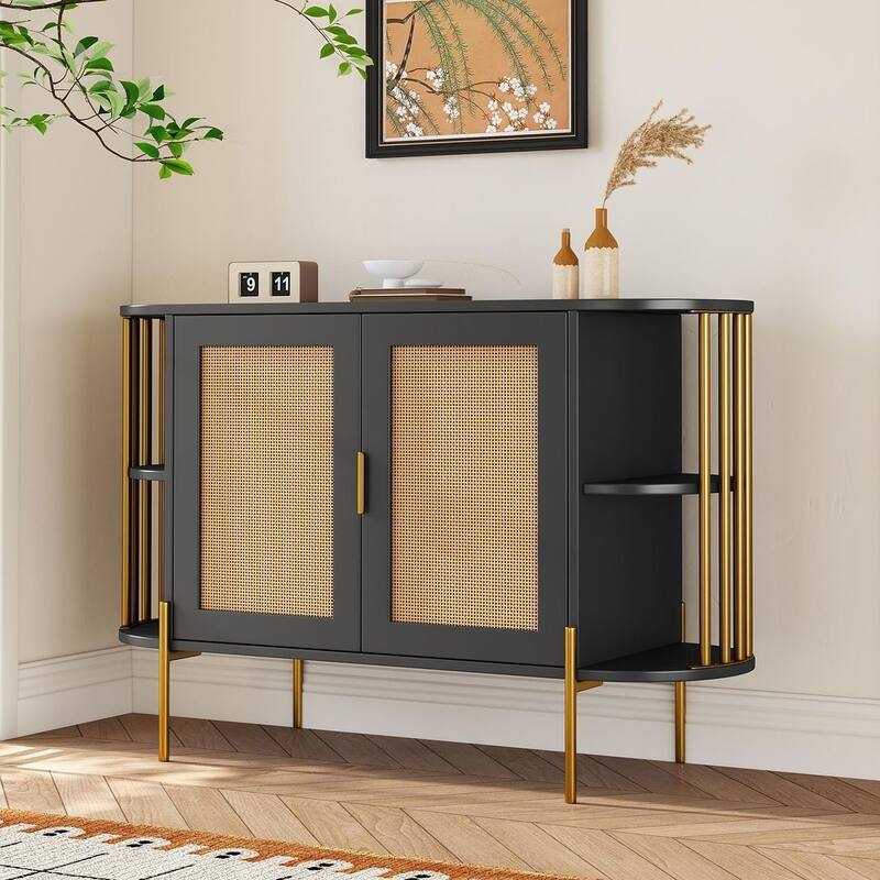 Sideboard Buffet Cabinets with Woven Ratta Doors, Curved Kitchen Storage Cabinets, Wood Coffee Bar Tables