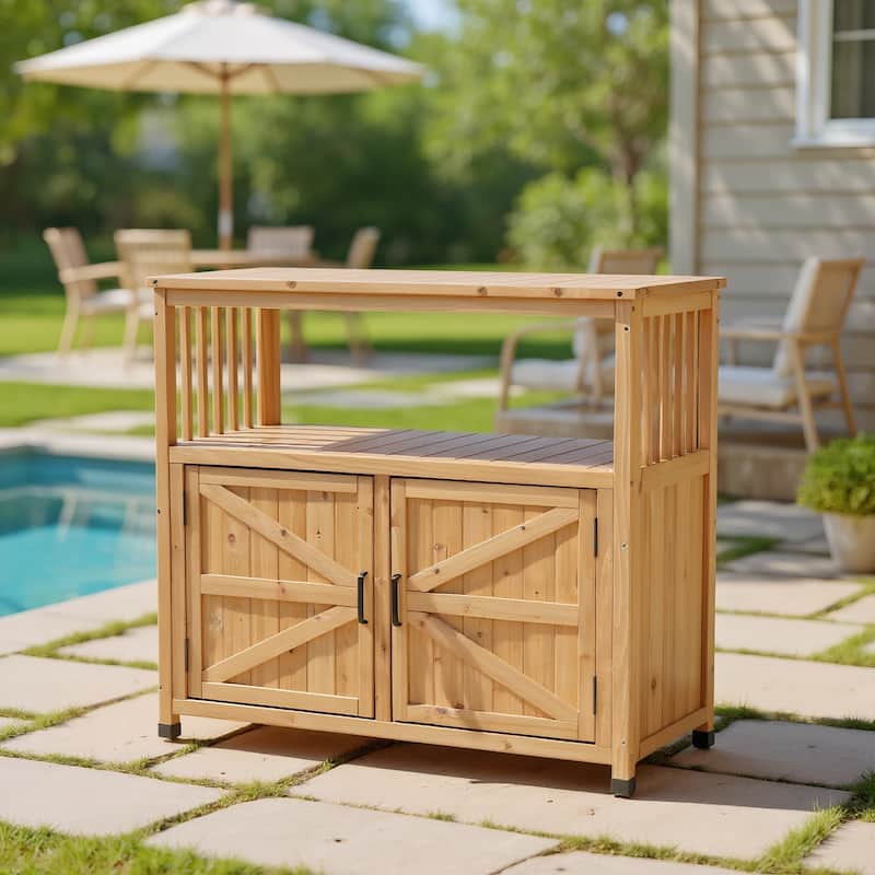 Wood Patio Bar Cabinet, Rustic Cedar Buffet Table with Storage, All-Weather Indoor/Outdoor Multi-Purpose Sideboard - Brown