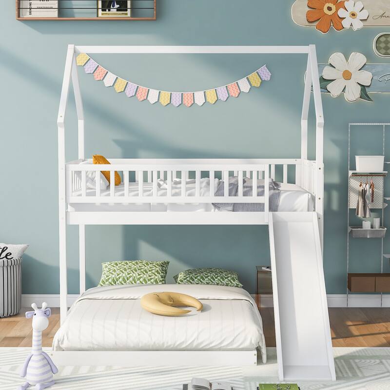Twin Over Full House Bunk Bed with Slide and Built-in Ladder, Full-Length Guardrails