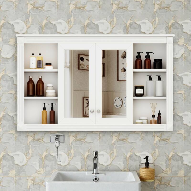 47 Inch Wall Mounted Bathroom Mirror Medicine Cabinet with Storage, Adjustable Shelf and Open Shelves - White