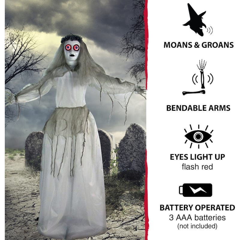 Haunted Hill Farm 5-Ft. Animatronic Bride, Indoor/Outdoor Halloween Decoration, Eyes Light Up Red, Poseable, Battery-Operated