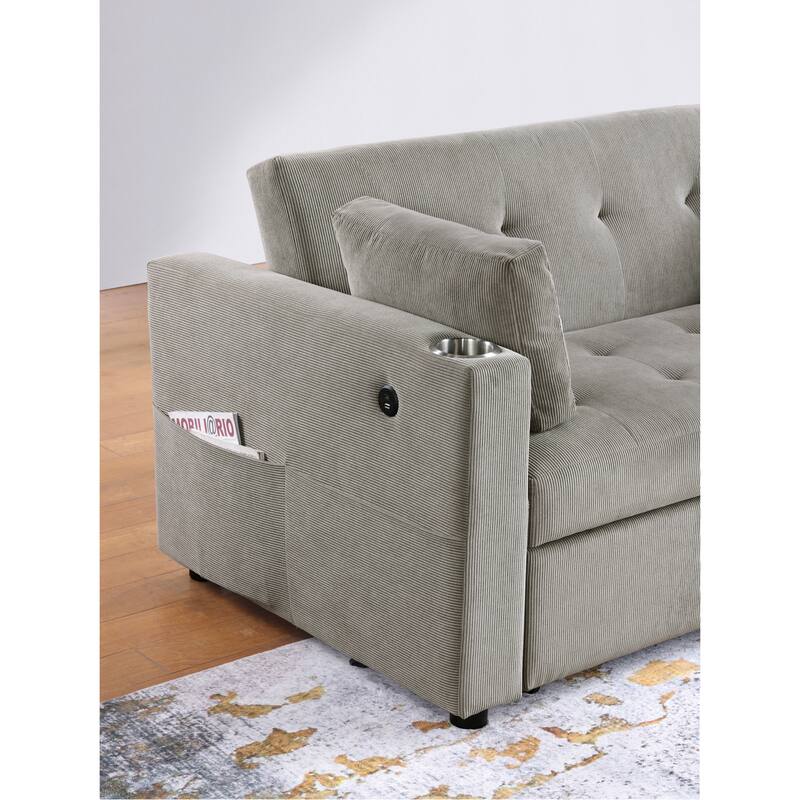 3 in 1 Convertible Pull Out Couch, Tufting Loveseat with Cupholders and USB Ports, 2 Seater Sofa with Pillows and Storage Bag