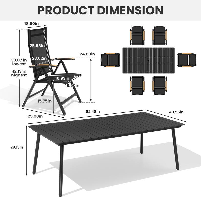 7/9-Piece Outdoor Aluminum Patio Dining Set Adjustable Folding Chairs and Dining Table with Umbrella Hole