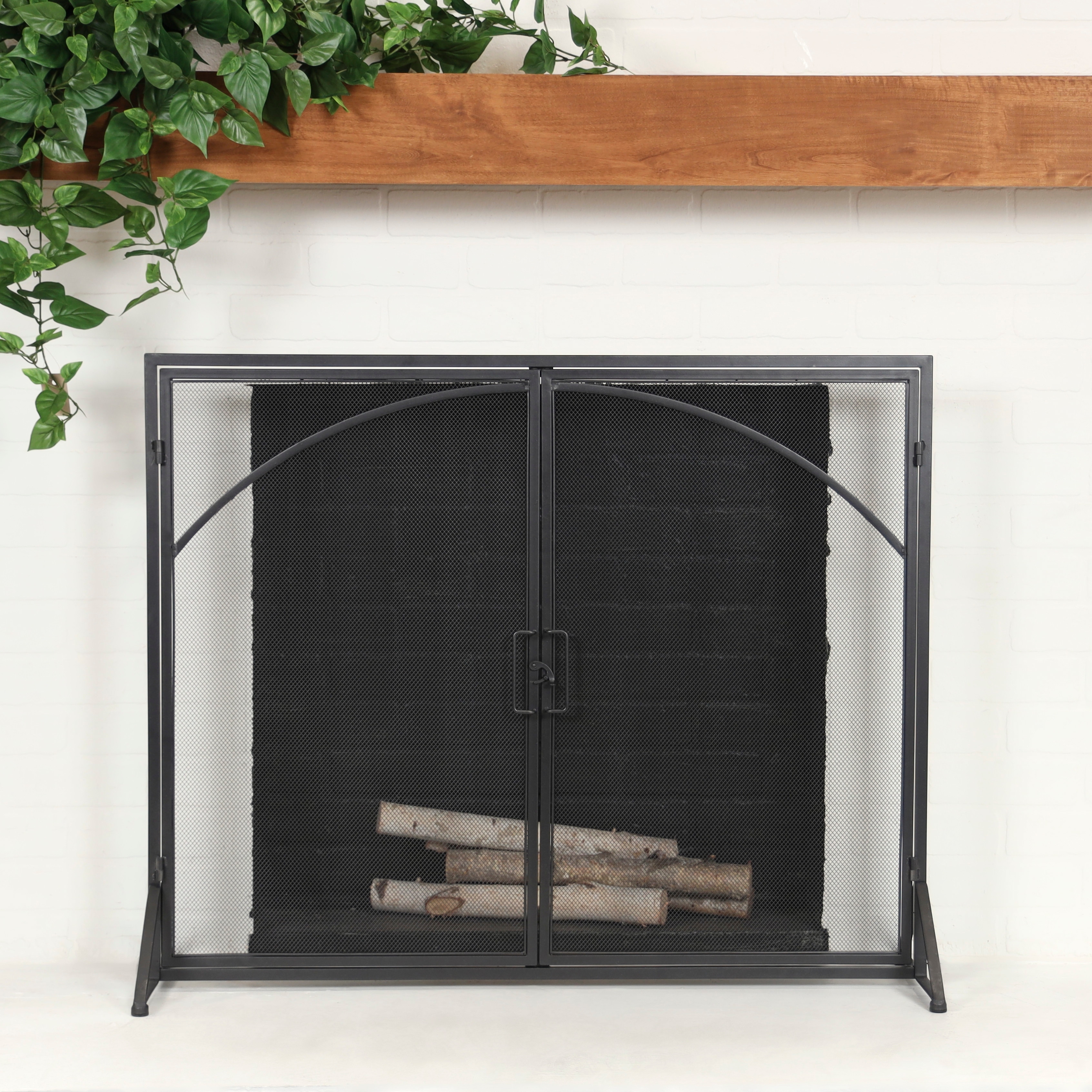 Black Metal Minimalistic Single Panel Fireplace Screen with Arch Inspired  Doors and Handles Bed Bath  Beyond 38424608