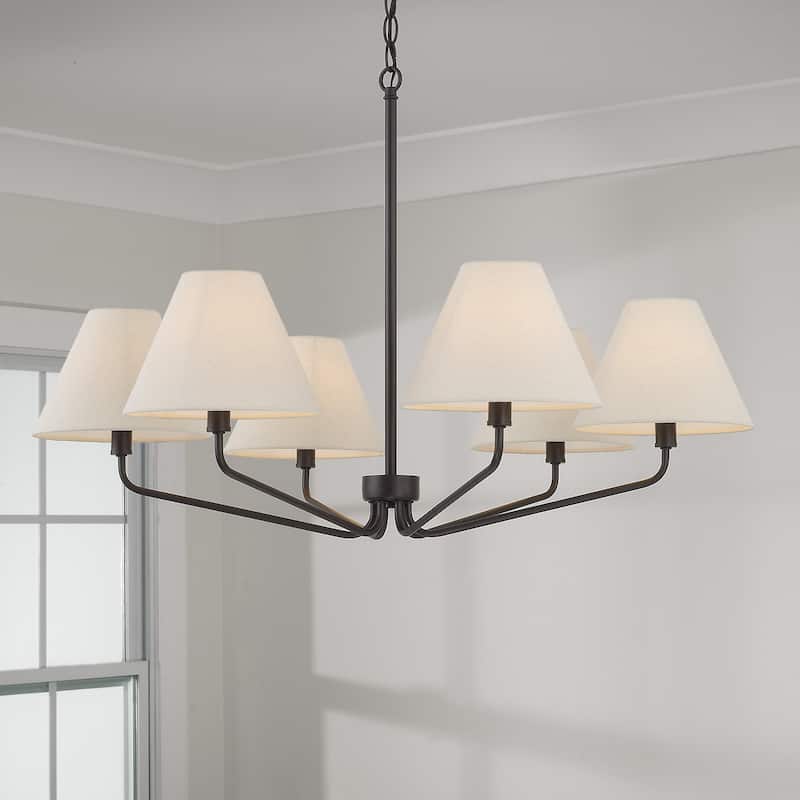 34" W x 22.5" H 6-Light Angular Chandelier with Tapered White Fabric Shades - 34"W x 22.25"H