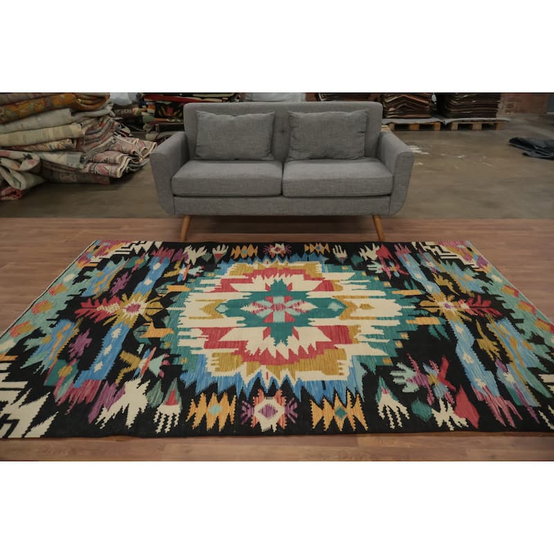Hand Woven Oriental 100% Wool Carpet Southwestern Tribal Multi-Colored Kilim Area Rug - 8' 6'' X 5' 8''