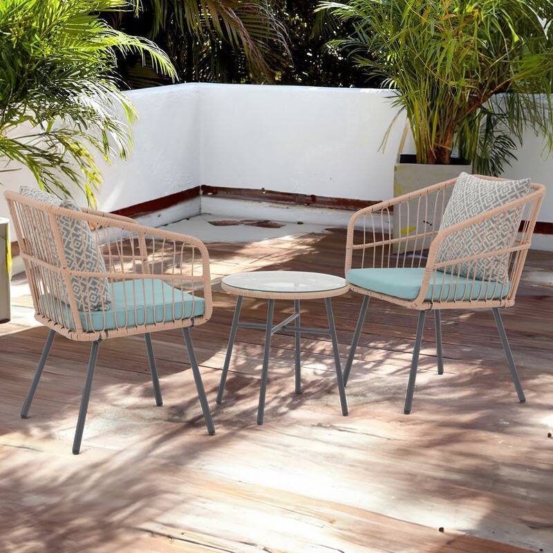Green 3-Pc Patio Set,Wicker Chairs & Glass Table