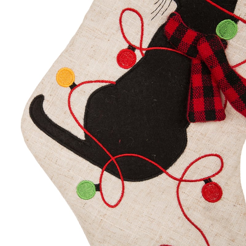 Glitzhome 21"L LED Embroidered Linen Reindeer Cat Dog Christmas Stockings