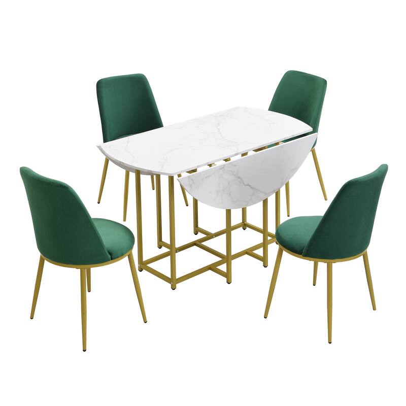 5-Piece Extendable Kitchen Dining Table Set- Round Faux Marble Top, 4 Upholstered Chairs, Compact Foldable Design