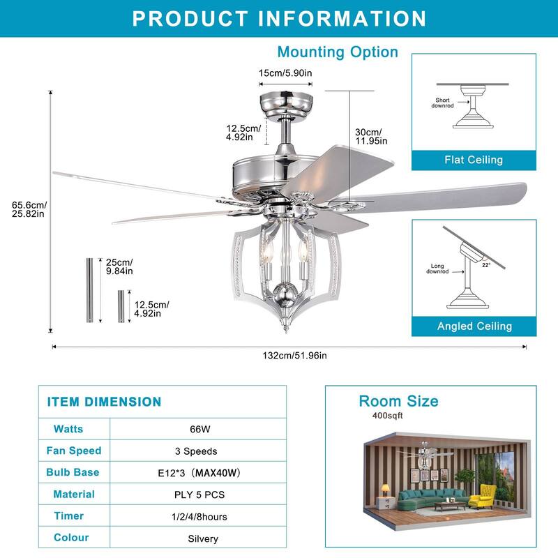 Ceiling Fans with Lights(no include bulb) and Remote 52 Inch Bedroom Ceiling Fan with Light Crystal Chandelier Fans