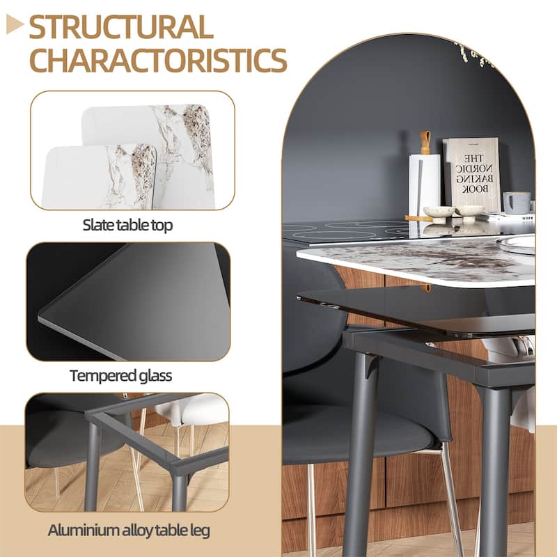Large Kitchen Dining Table Sintered Stone Marble Tabletop and Tempered Glass Top Indoor Outdoor