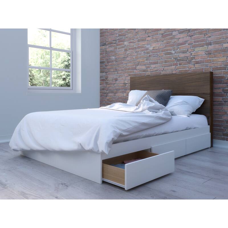 Nexera Storage Bed with Headboard, White and Walnut