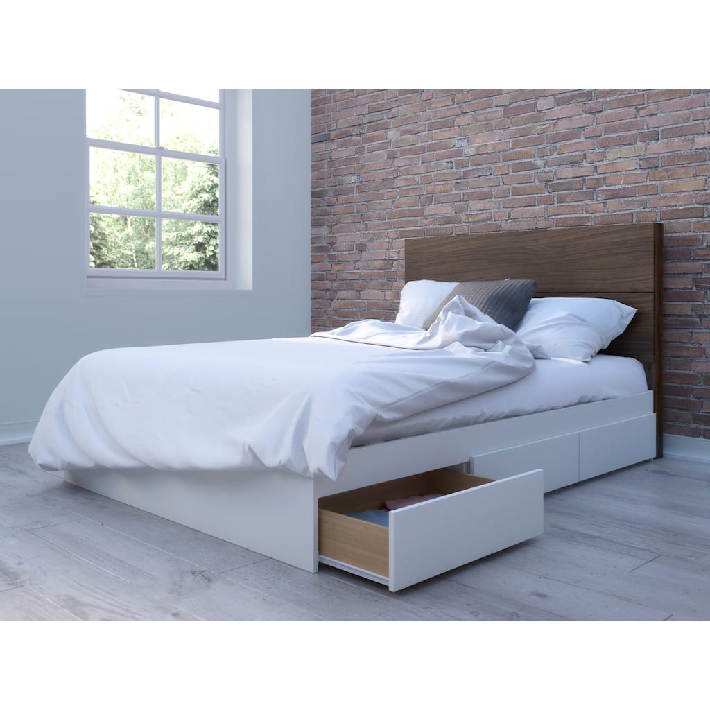 Nexera Storage Bed with Headboard, White and Walnut