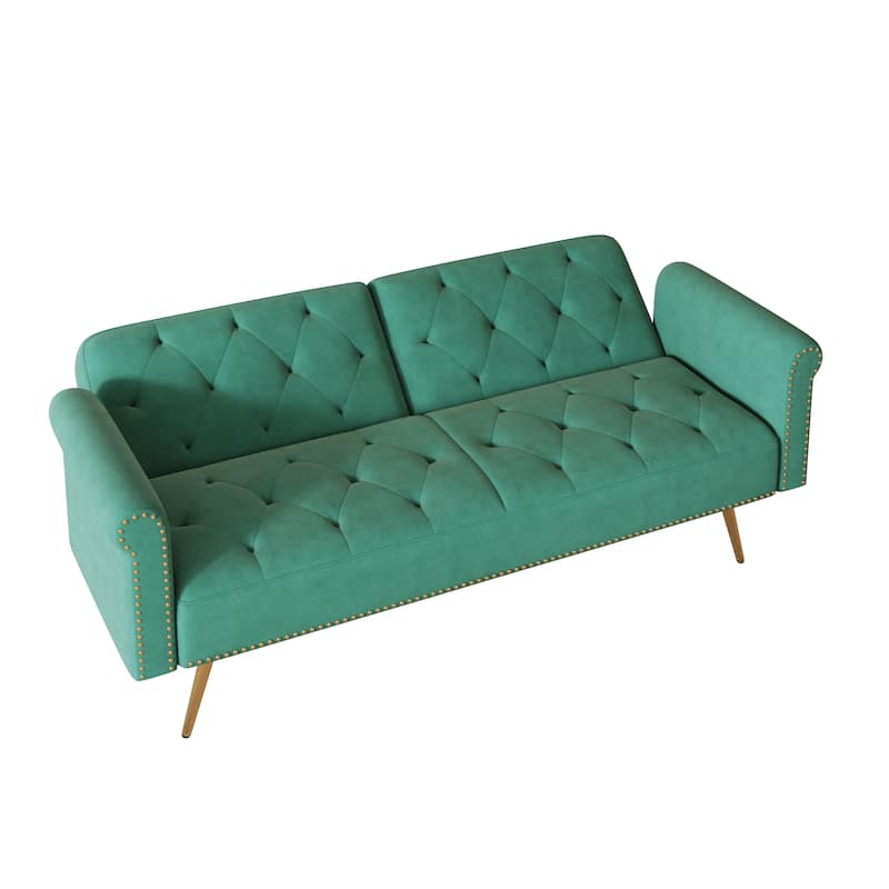 A 69.7-Inch-Long Sofa Bed Covered In Velvet Fabric, Featuring Nail Head Trim And Accompanied By A Matching Throw Pillow