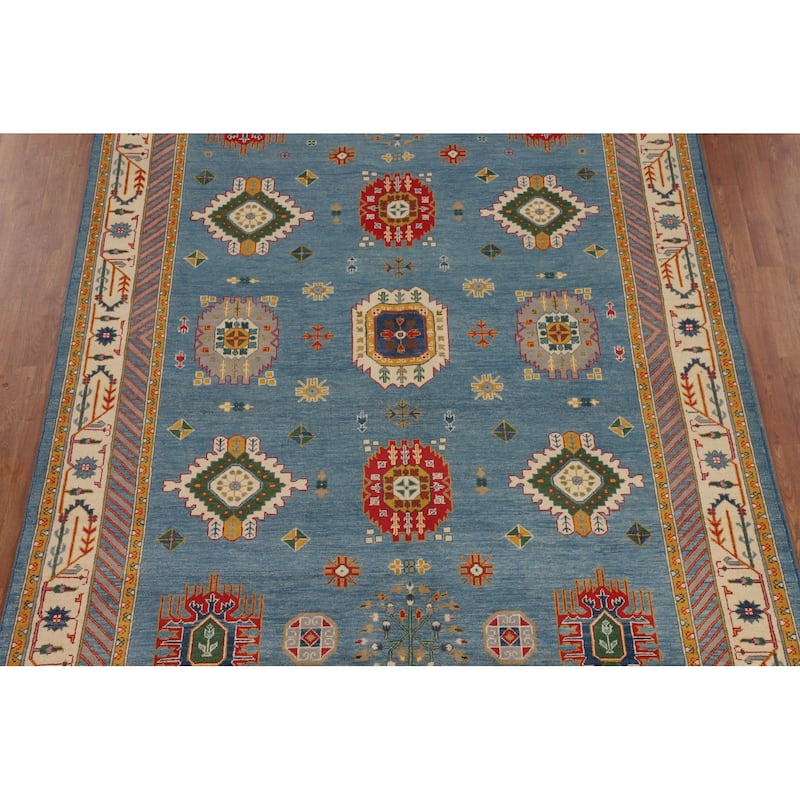 Blue Geometric Kazak Oriental Area Rug Handmade Wool Carpet - 6'8" x 9'7"
