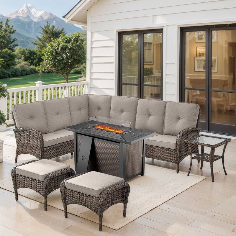 Outdoor Sectional Sofa Ottomans with Fire Pit Table - Beige - Brown