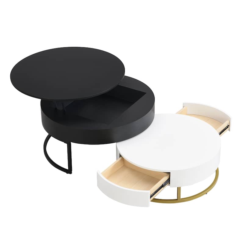 Round Lift-top Nesting Coffee Table w/ 2 Drawer & Metal Frame, Modern Nesting Table Set of 2, Luxury Accent Side Table End Table