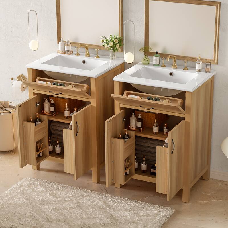 GDFStudio - Barro Transitional Freestanding Bathroom Vanity Cabinet with Ceramic Sink, Dual-Layer Rack & Soft Close Storages